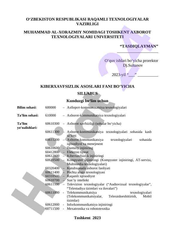 Kiberxavfsizlik asoslari fani bo‘yicha sillabus