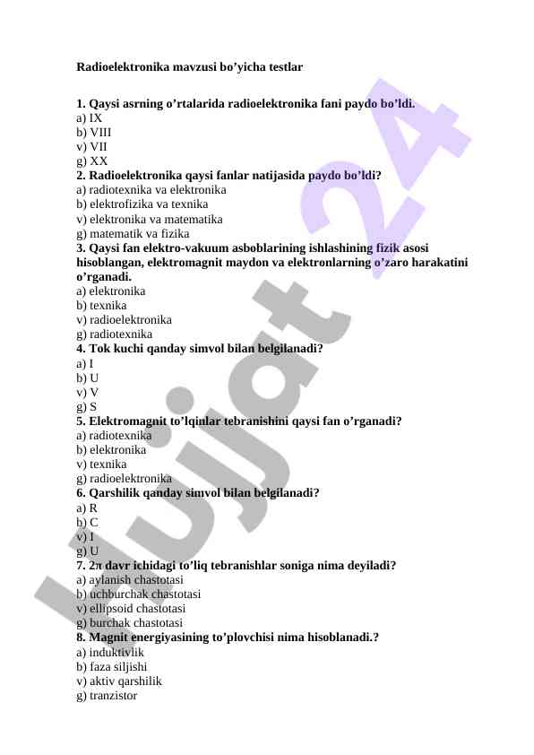 Radioelektronika mavzusi bo'yicha testlar