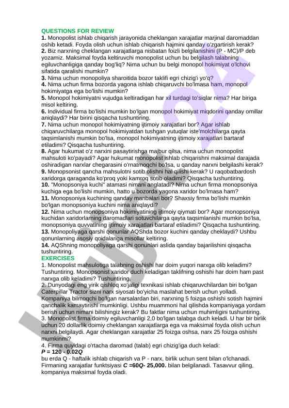 Monopol hokimiyat va ijtimoiy xarajatlar tahlili