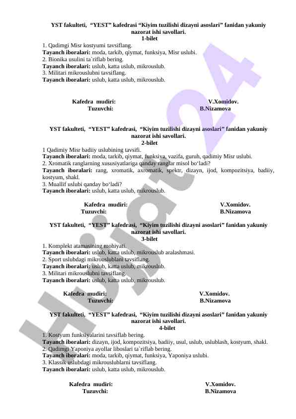 Kiyim tuzilishi dizayni asoslari yakuniy nazorat savollari
