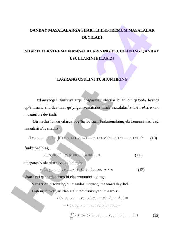 Shartli ekstremum masalalarining yechish usullari