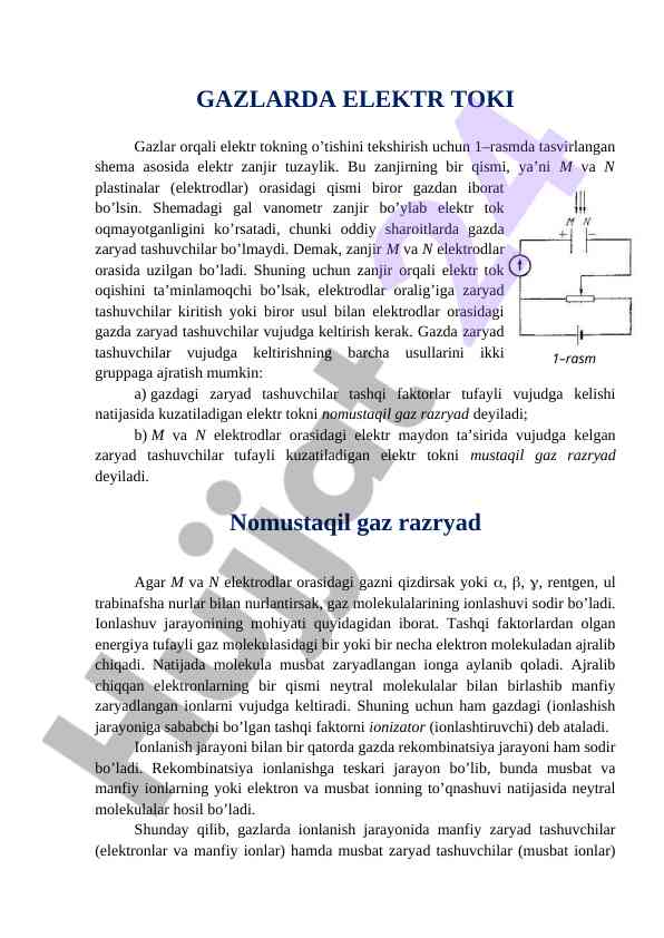 Gazlarda elektr tokining o'tishi