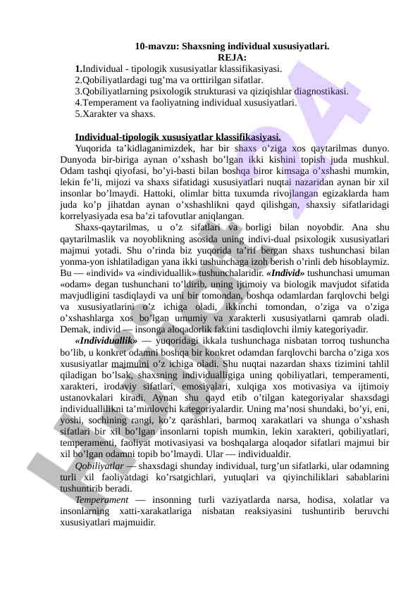 Shaxsning individual xususiyatlari haqida tahlil