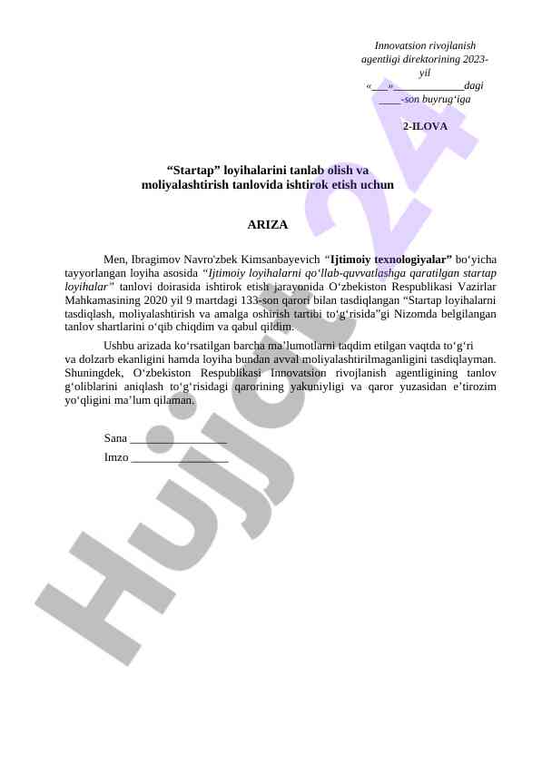 Ijtimoiy loyiha startaplari tanloviga ariza