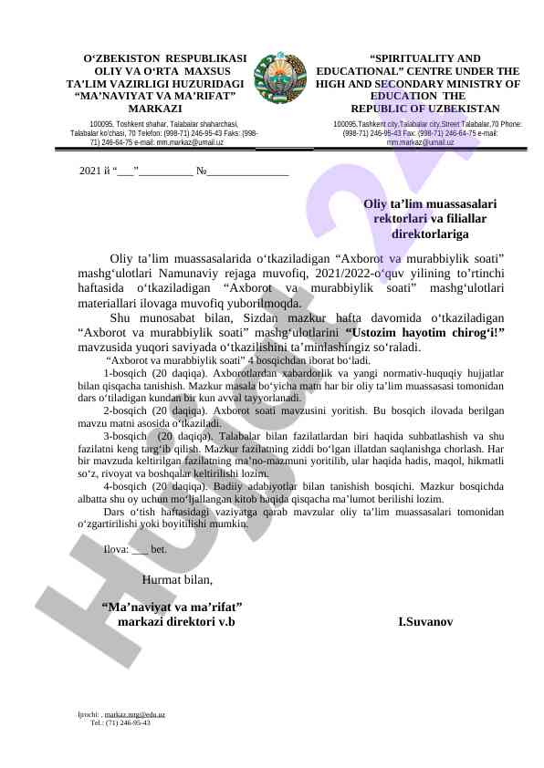 Axborot va murabbiylik soati mashg‘ulotlari rejasi