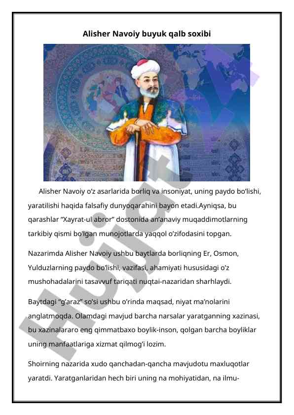 Alisher navoiy: falsafiy dunyoqarashi va irs