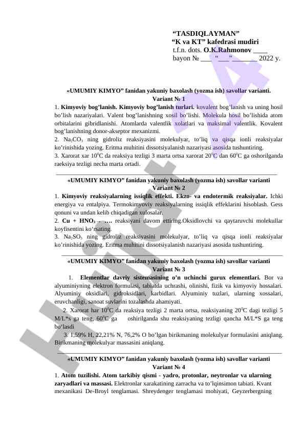 Umumiy kimyo fanidan yakuniy baxolash savollari
