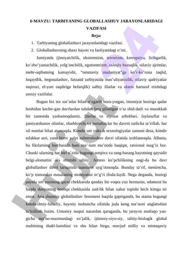 Tarbiyaning globallashuv jarayonlaridagi vazifasi