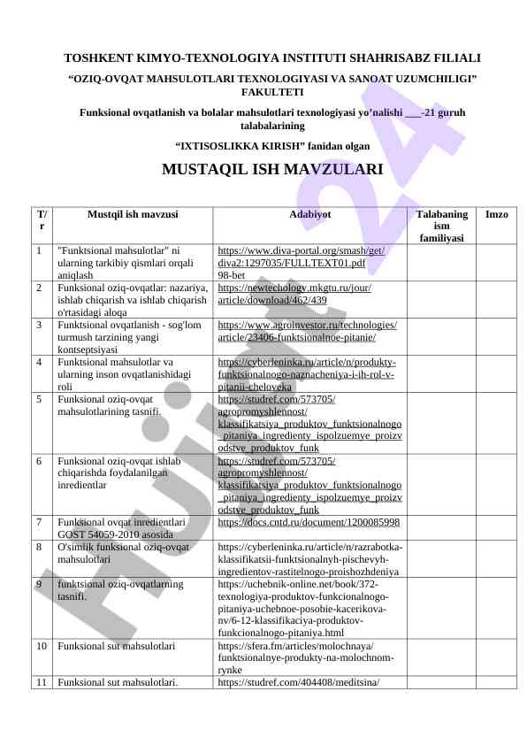 Ixtisoslikka kirish fanidan mustaqil ish mavzulari