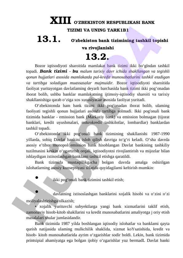 O'zbekiston bank tizimi va uning tarkibi