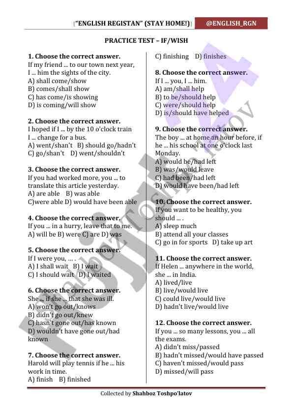 Practice test for english conditional sentences
