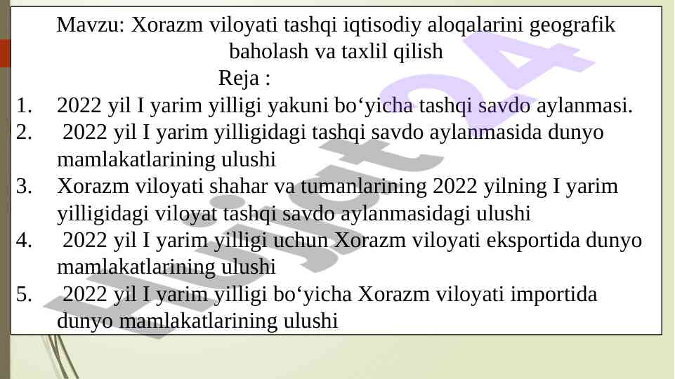 Xorazm viloyati tashqi iqtisodiy aloqalar raqqamlar