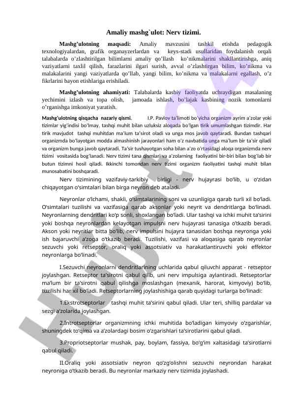 Nerv tizimi amaliy mashg'uloti tashkil etilishi