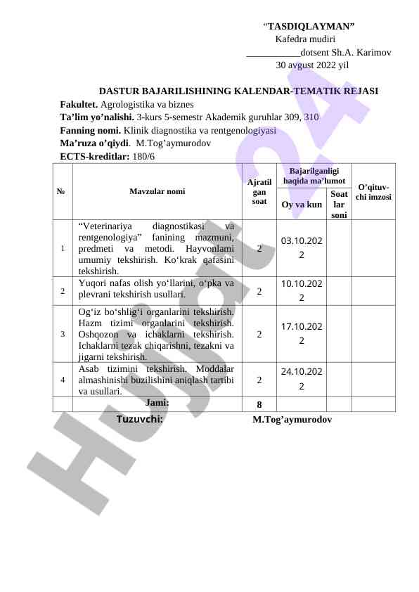 Klinik diagnostika va rentgenologiyasi dars rejasi