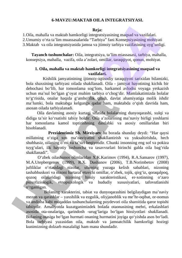 Maktab oila integratsiyasi va tarbiya mohiyati