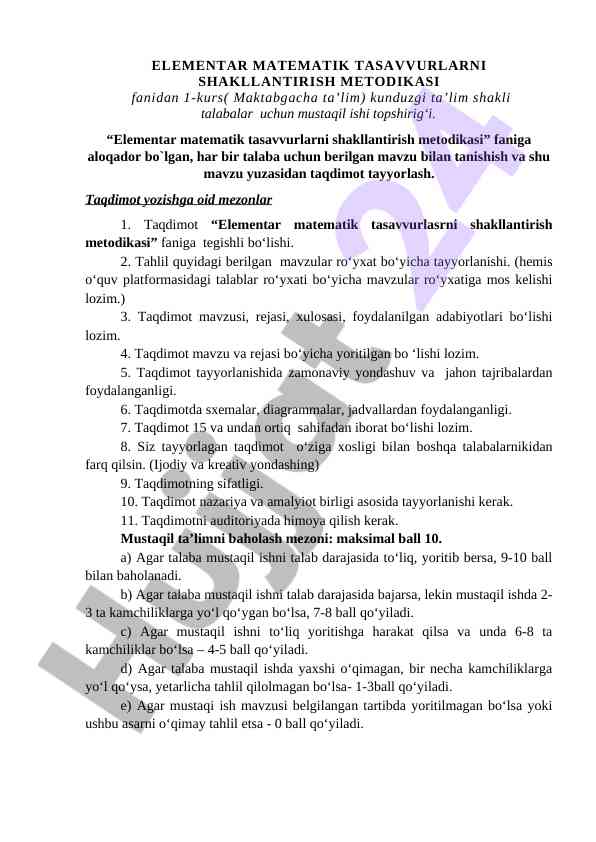 Elementar matematik tasavvurlarni shakllantirish
