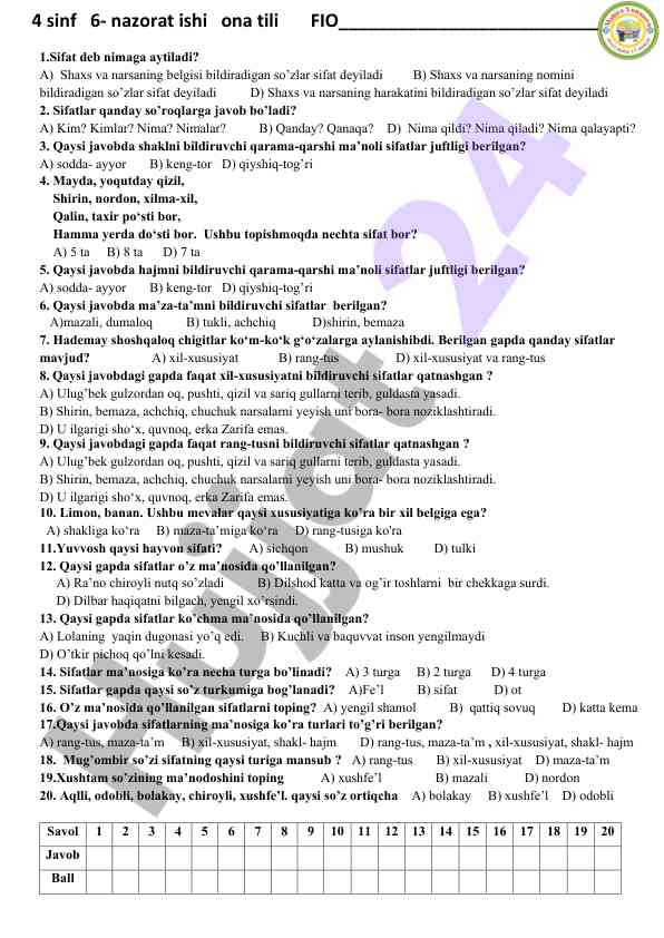 4 sinf onatili test savollari va javoblar