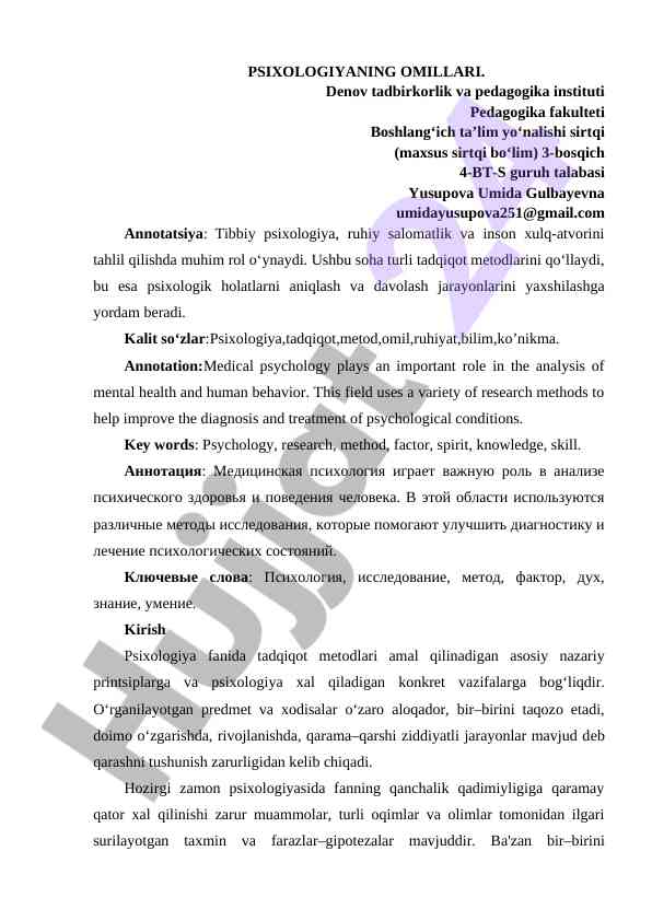Psixologiyaning tibbiy omillari va tadqiqot metodlari