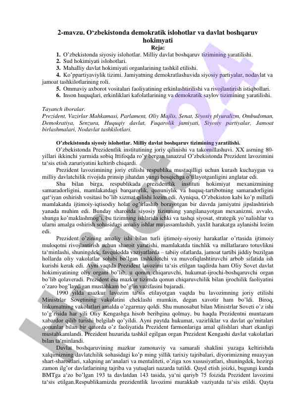 O‘zbekistonda demokratik islohotlar va davlat boshqaruvi