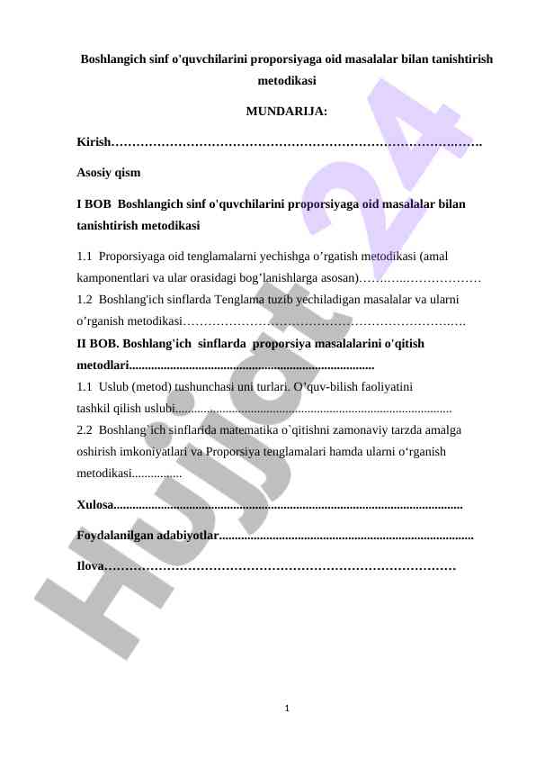 Boshlangich Sinf O'quvchilarini Proporsiyaga Oid Masalalar