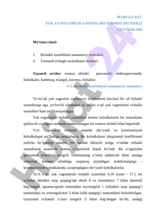 Tormozli richakli uzatishlar ma’ruzasi