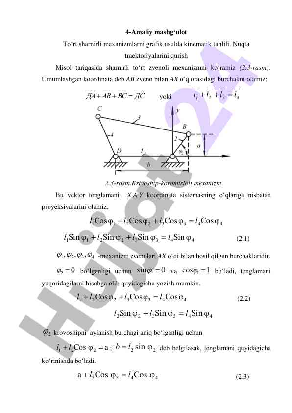 Kinematik tahlili: to‘rt sharnirli mexanizmlar