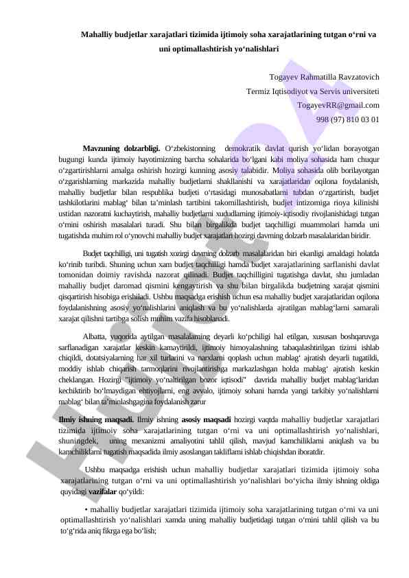 Mahalliy budjetlar xarajatlari va ijtimoiy soha