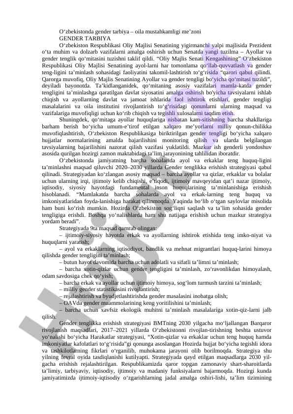 O‘zbekistonda gender tarbiya va oila mustahkamligi