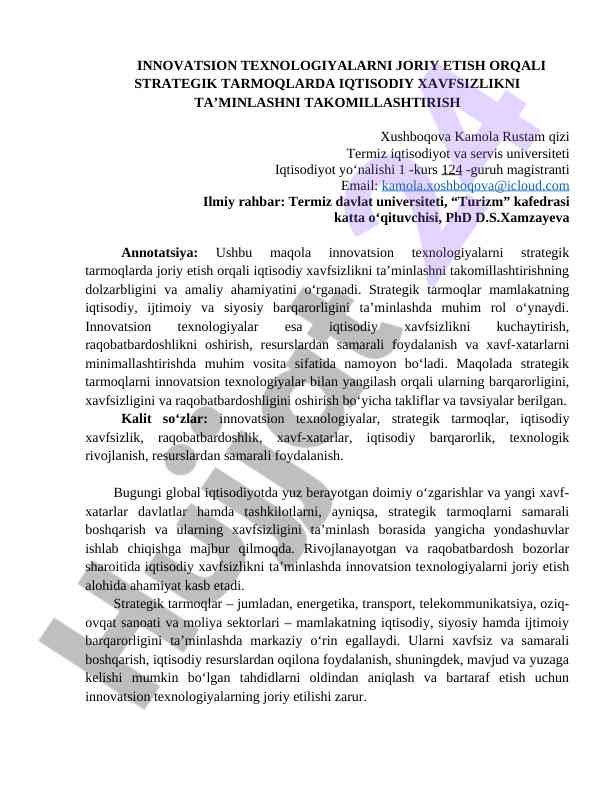 INNOVATSION TEXNOLOGIYALAR ORQALI IQTISODIY XAVFSIZLIK