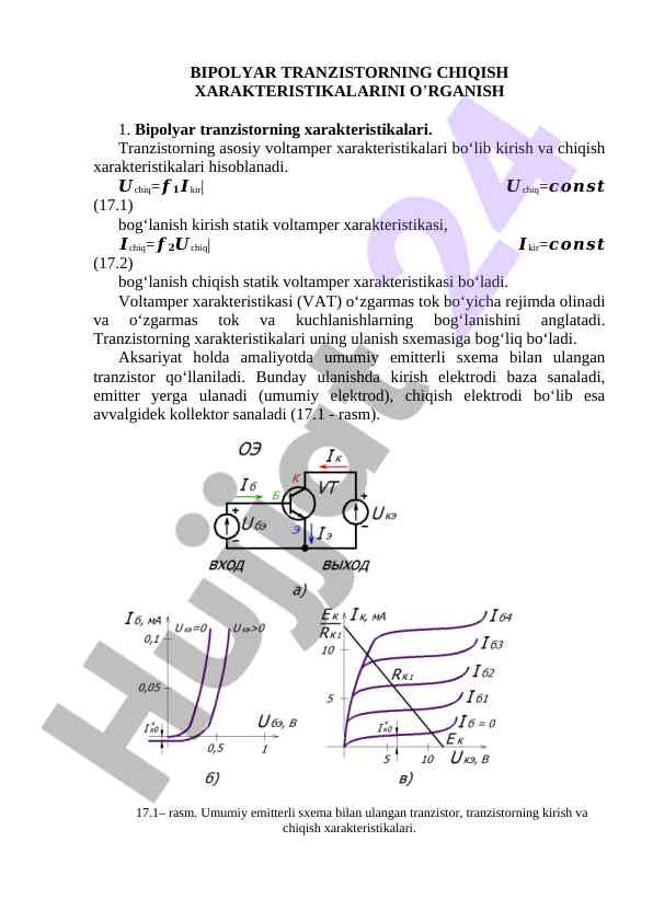 Bipolyar tranzistorning chiqish xarakteristikalarini o‘rganish