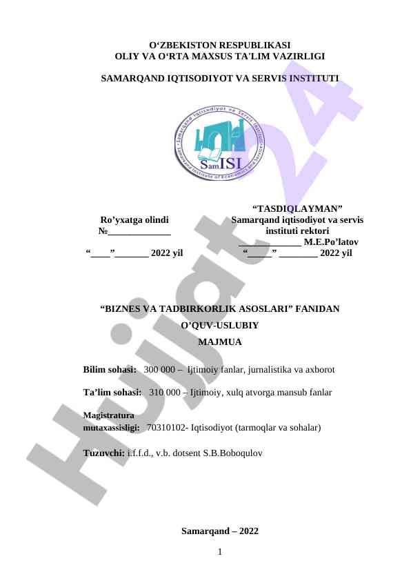 Biznes va tadbirkorlik asoslari o‘quv-uslubiy majmua