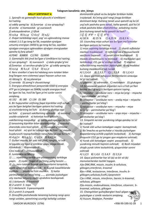 O’simliklar va energiyaning o’zgarishlari testi