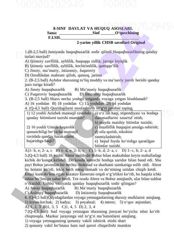 8-sinf davlat va huquq asoslari savollari