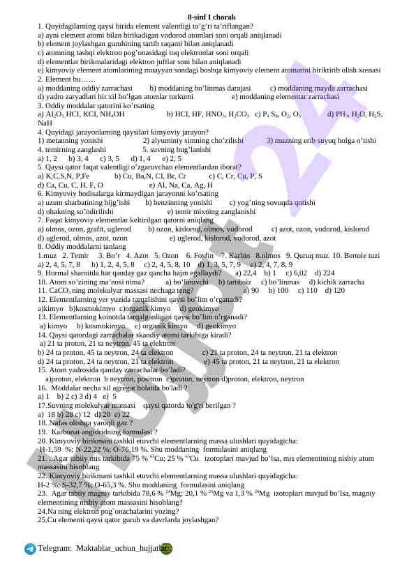 Element valentligi haqida test savollari