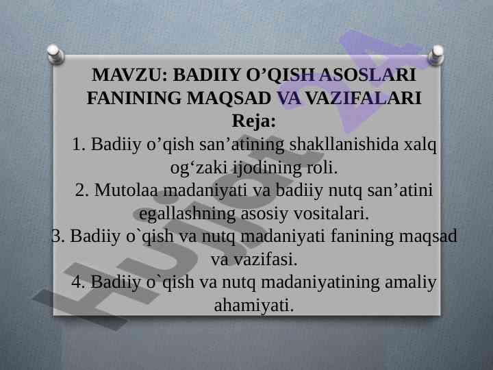 Badiiy o‘qish asoslari va maqsadlari
