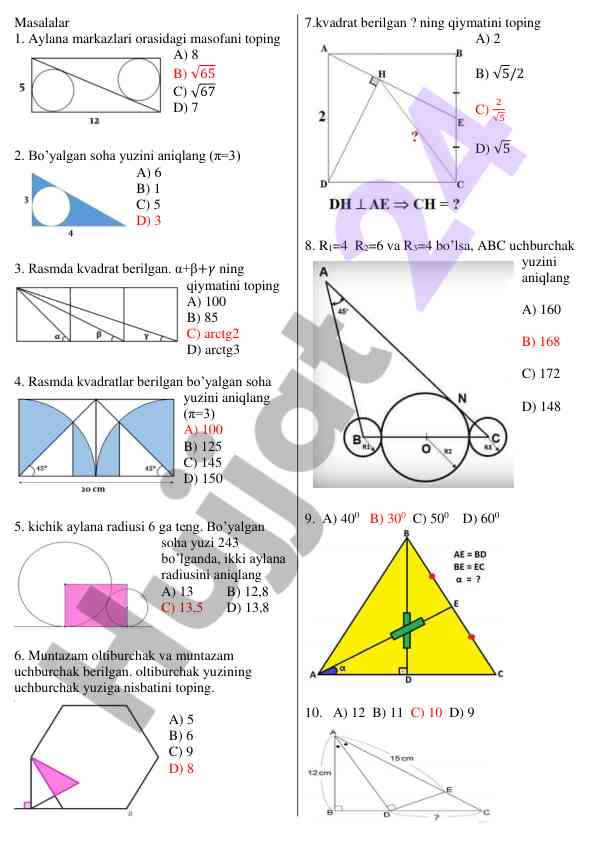 Geometriya masalalari bo'yicha test savollari