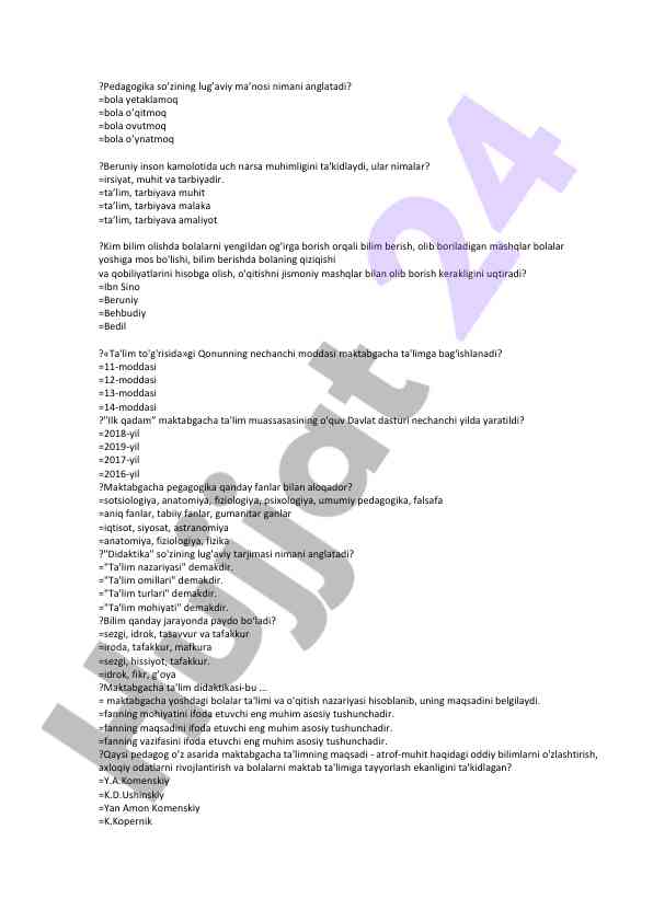 Maktabgacha ta'lim va pedagogika asoslari testlari