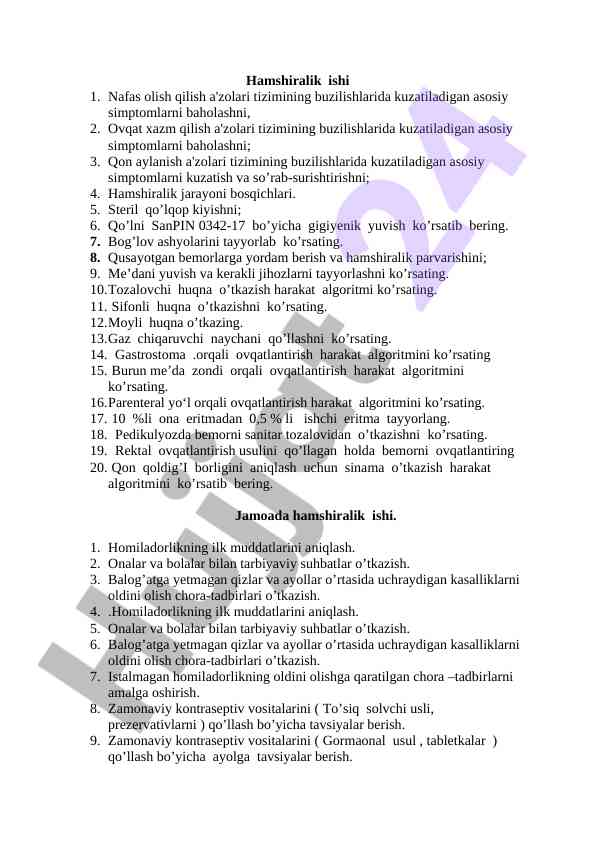 Hamshiralik jarayoni va asosiy simptomlar baholanishi