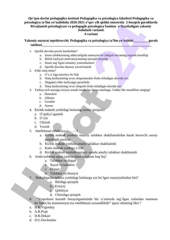 Rivojlanish psixologiyasi va pedagogik psixologiya
