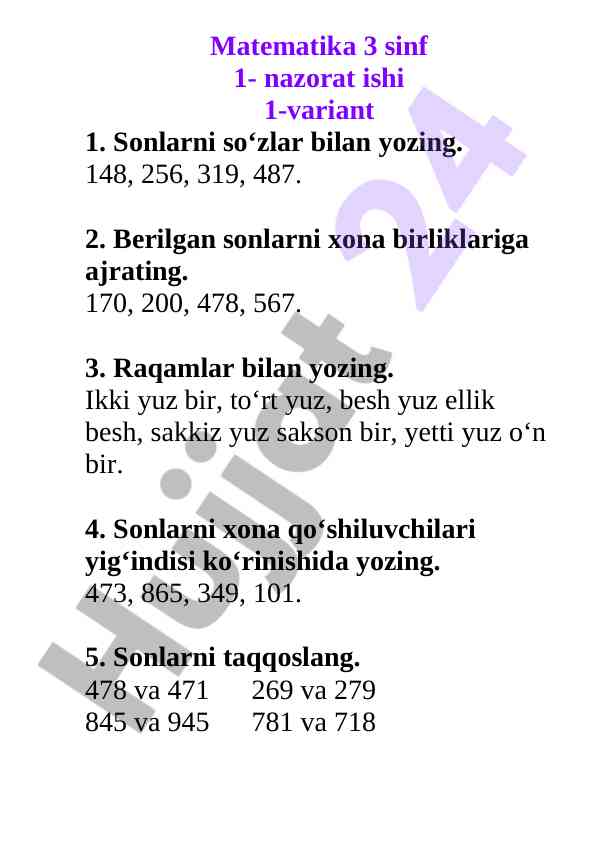 Matematika 3 sinf nazorat ishi 1-2 variantlar