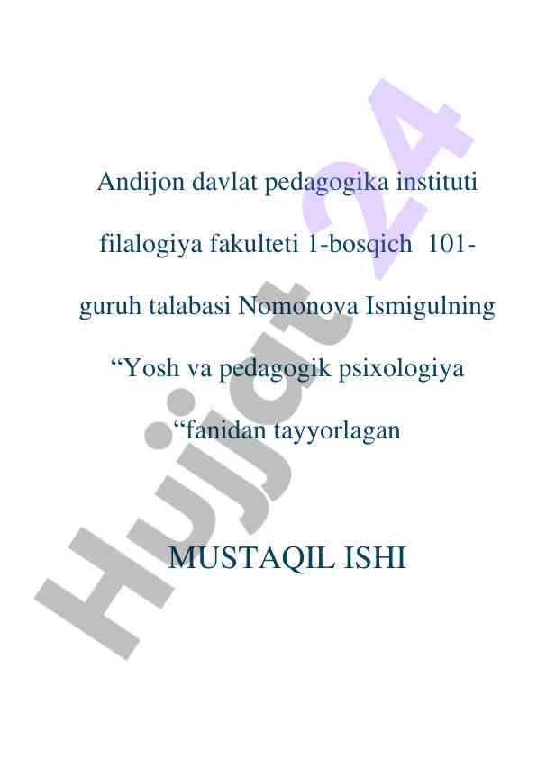 Yosh va pedagogik psixologiya mustaqil ish