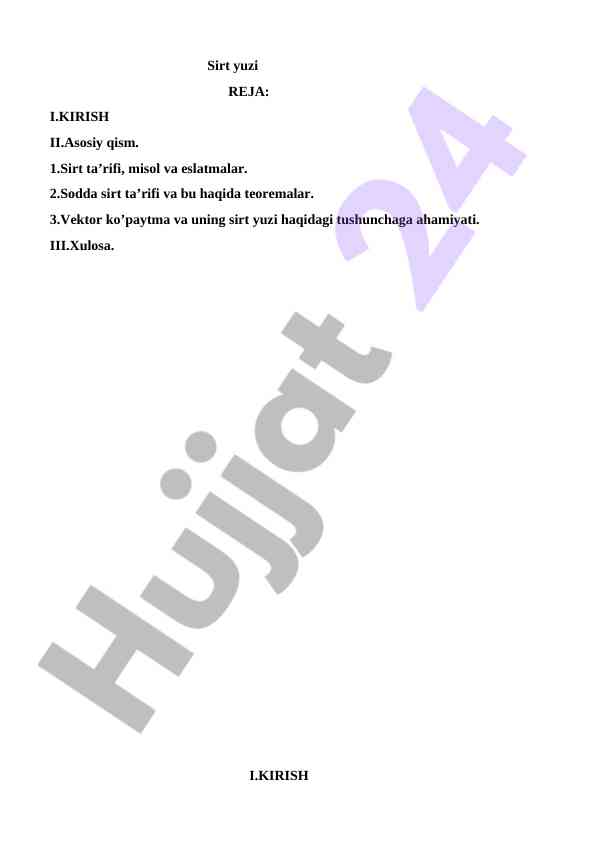 Sirt yuzining teoremlari va hisoblash usullari