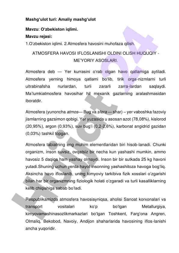 O‘zbekiston iqlimi va atmosfera havosining muhofazasi
