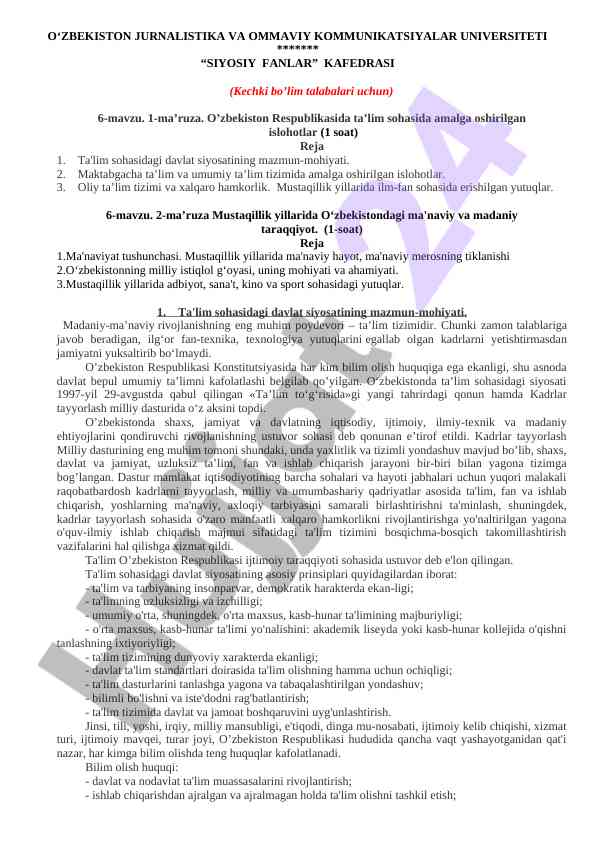 O'zbekiston ta'lim tizimi islohotlari haqida ma'ruza