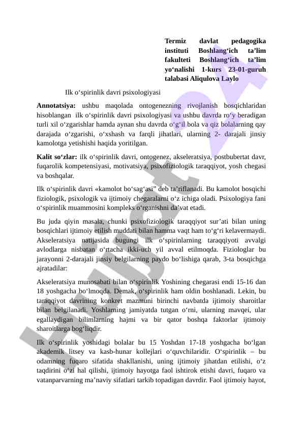 Ilk ospirinlik davri psixologiyasining rivojlanishi