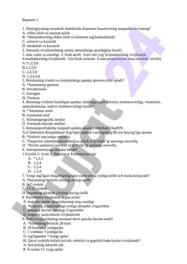Sog'liqni saqlash sohasida test savollari