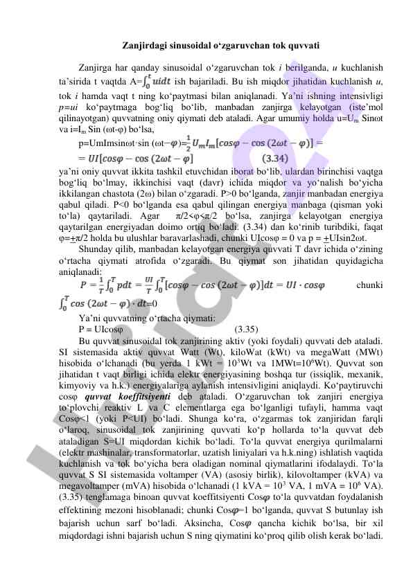 Zanjirdagi sinusoidal o‘zgaruvchan tok quvvati