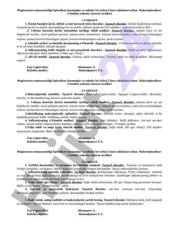 Makroiqtisodiyot-2 fanidan yakuniy nazorat savollari
