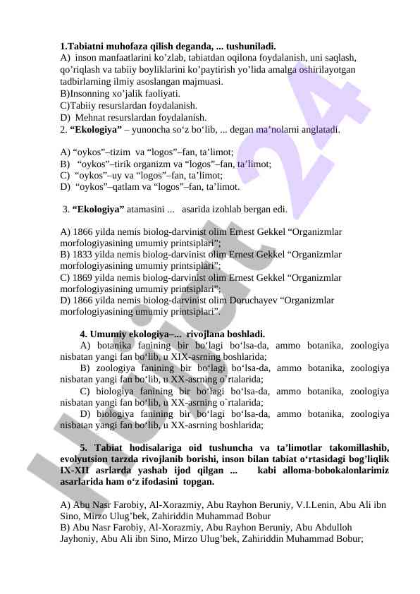 Ekologiya va tabiatni muhofaza qilish asoslari
