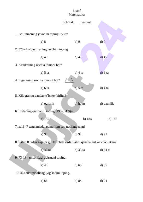 3-sinf matematika i chorak test variants